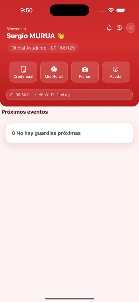 Pantalla de inicio de la app, con los accesos a credencial, horas y fichaje
