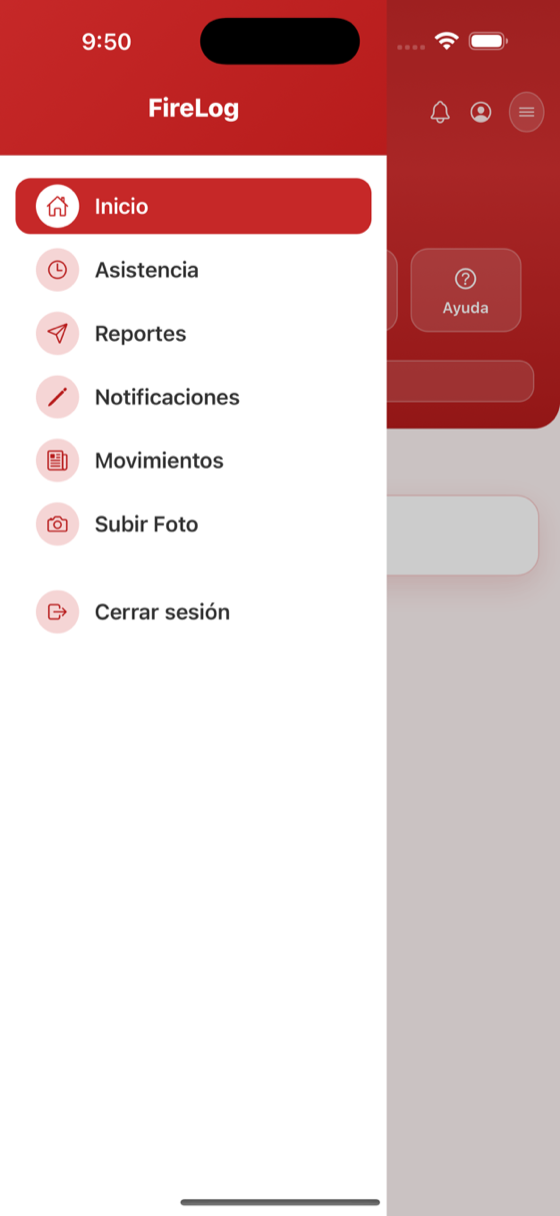 Menú de la app: asistencia, reportes, notificaciones, movimientos y subir foto